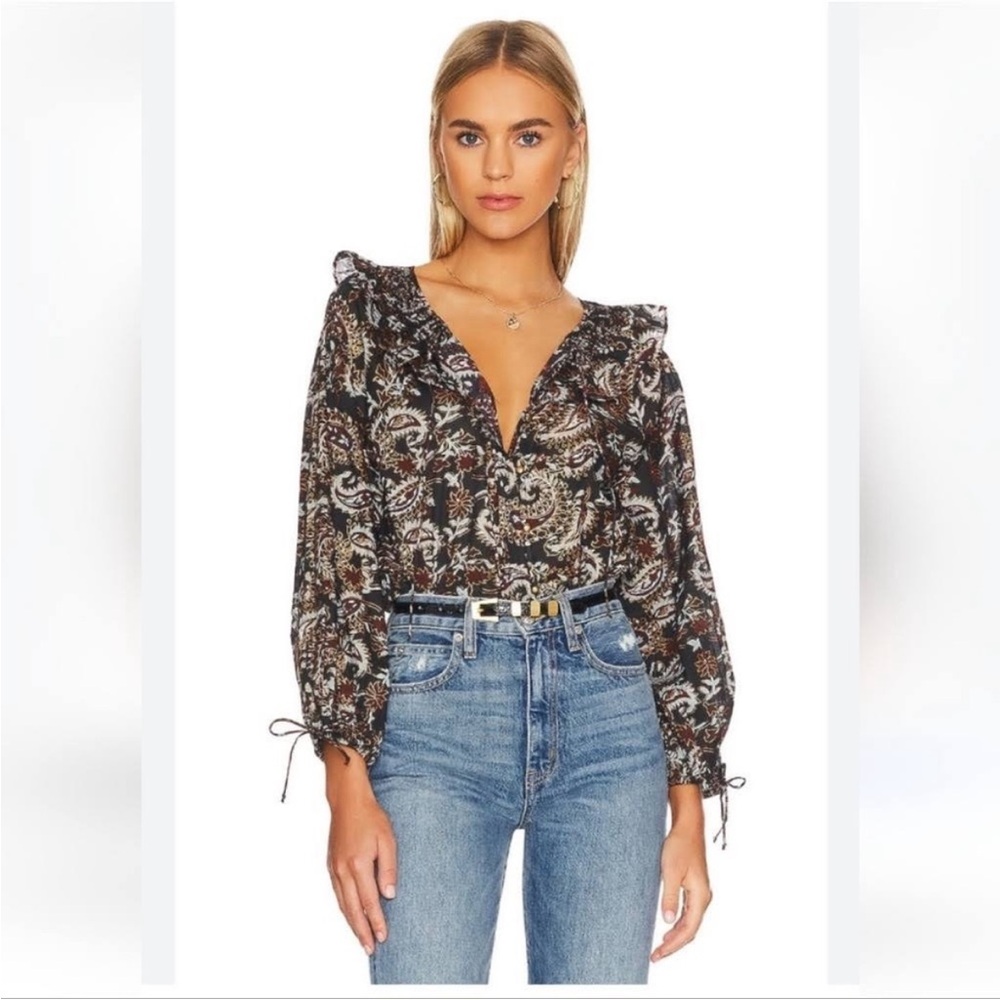 Cleobella Jillian Organic Cotton Blouse in Avalon Block Print, size L